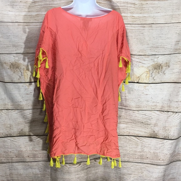 C&T beach cover up coral with lime fringe sunny - Picture 3 of 7